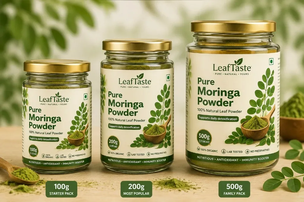 LeafTaste Pure Moringa Powder — 100g, 200g and 500g glass jars